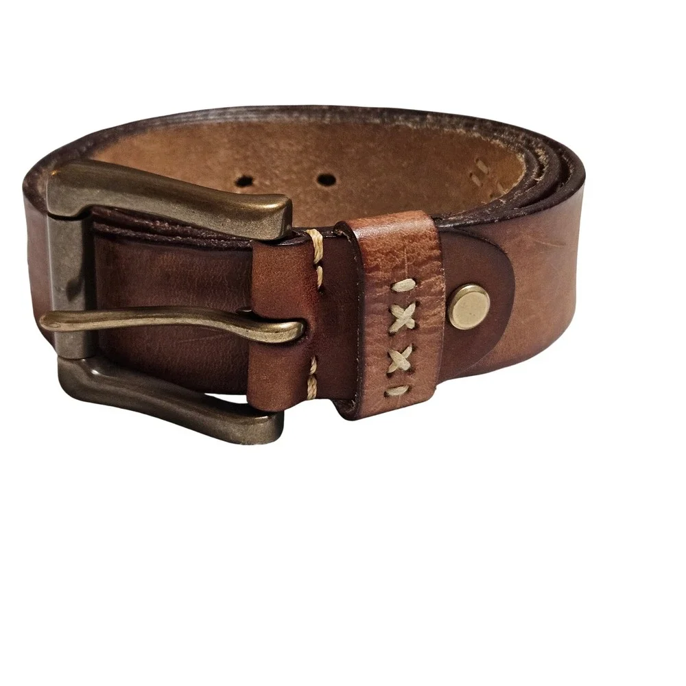 Handmade Brown Italian Leather Belt XL Antique Brass Roller Buckle Cross Stitch